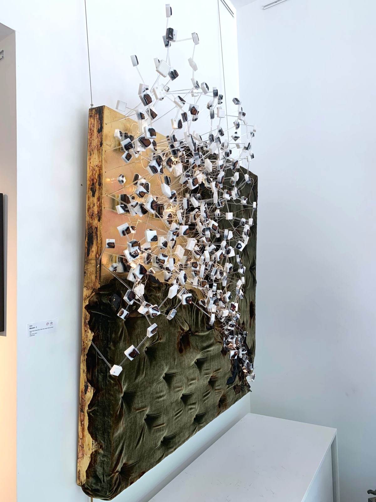 ROD, bloesem 2, lente, bloemenkunst, installatiekunst, glasvezel, licht aan de muur, hedendaagse kunst, fragmentatiekunst, hedendaagse installatie, geweldige wanddecoratie, kunstontwerp, interieurontwerp, kunsthuis, abstracte kunst, weefsel, mix media, art thema heyi galerij, kunstgalerij brussel