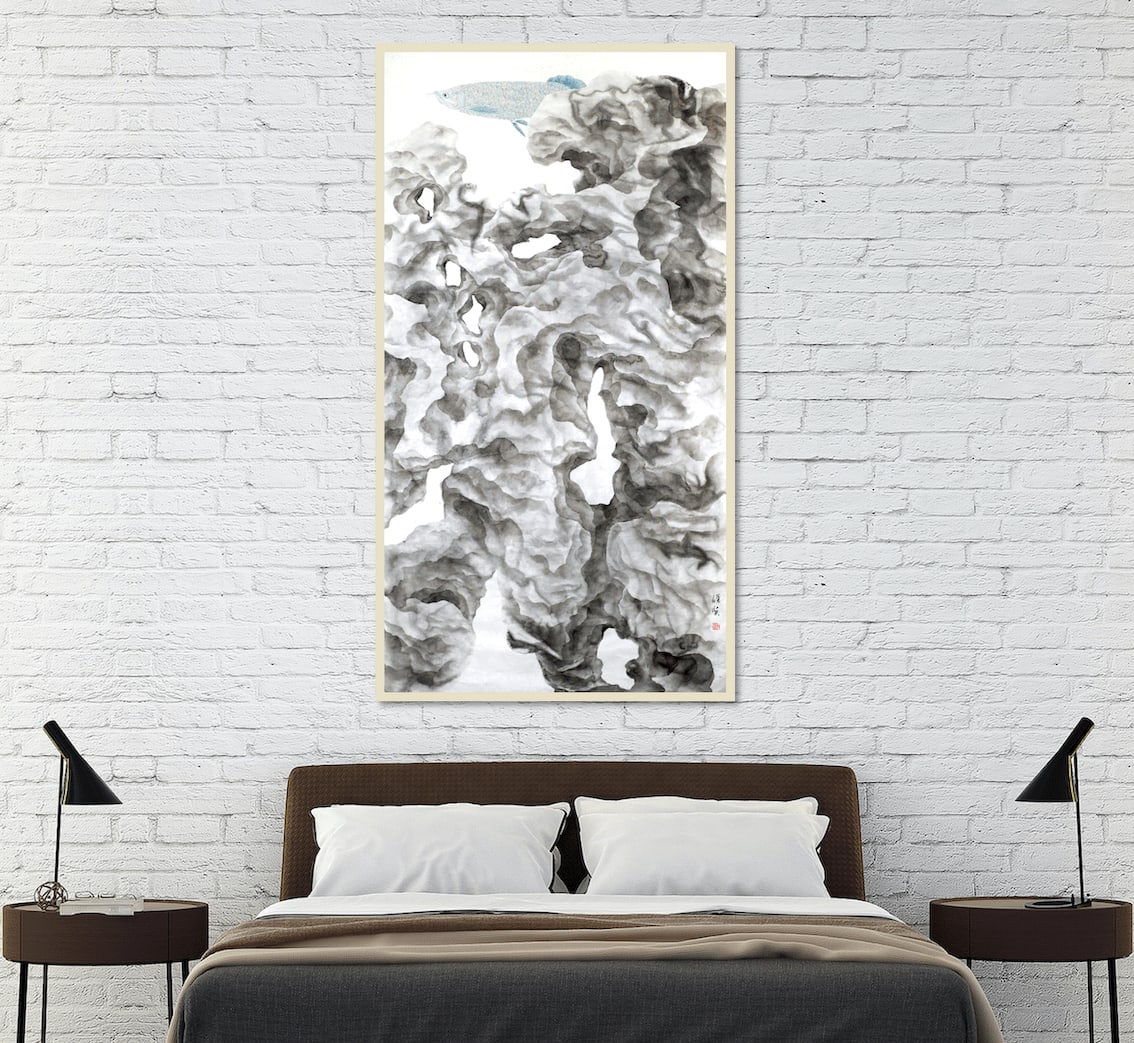 empty travel, emptyness, fish, tai hu rock, Zhang jinxian, rock painting, mountain painting, waterscape, landscape, contemporary art, asian art, asian painting, fish painting, contemporary Chinese art, ink art, chinese painting, black and white painting, ink painting, asian art, eastern asian ink-and-wash painting, art Thema heyi, Belgian art gallery, home art interior design, salon decoration, zen, art deco, home deco, wall decoration