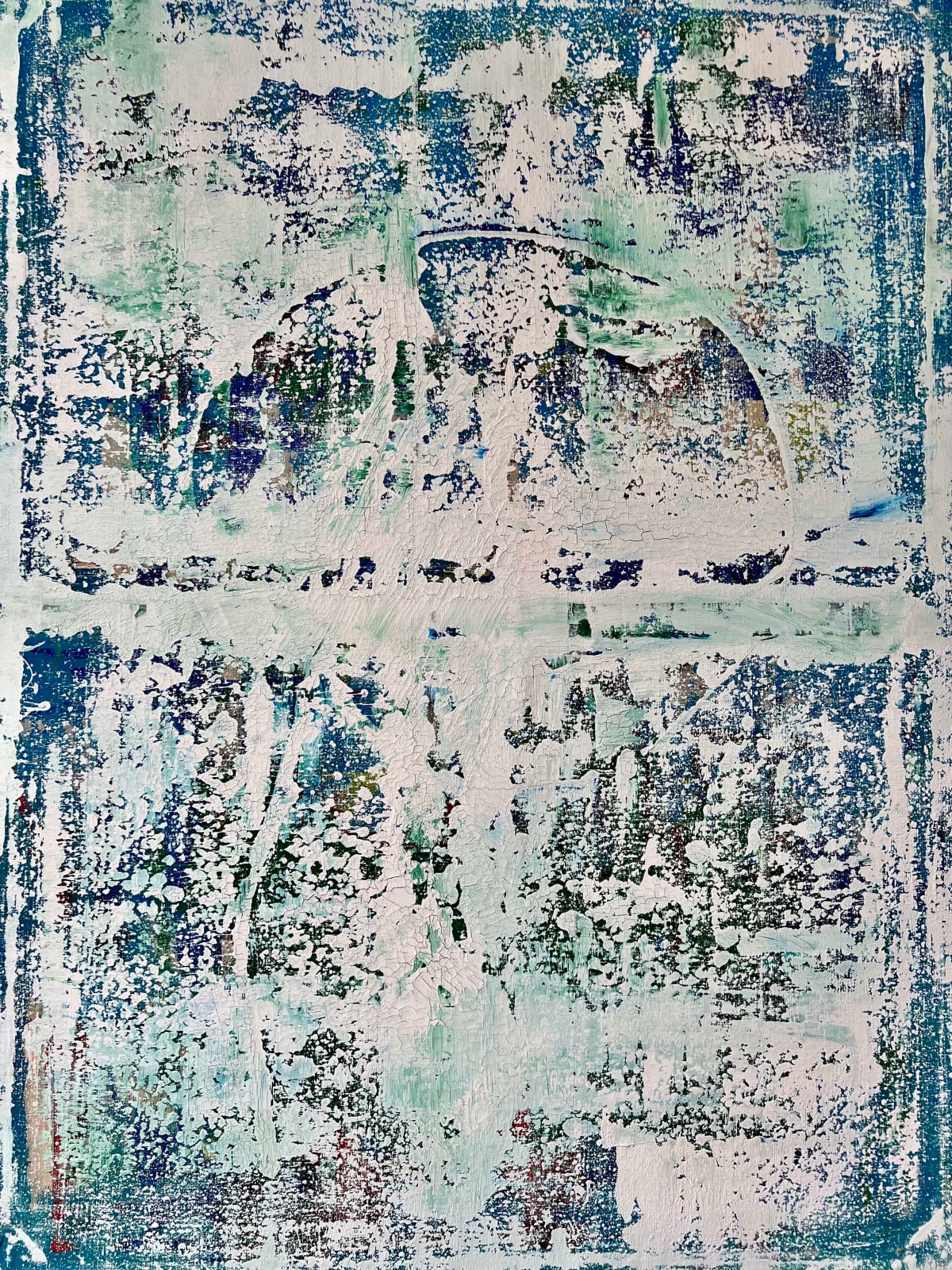 Glacial Drift, abstract textured painting by Mathis Duhem featuring layered white, blue and green tones with scraped and imprinted surfaces