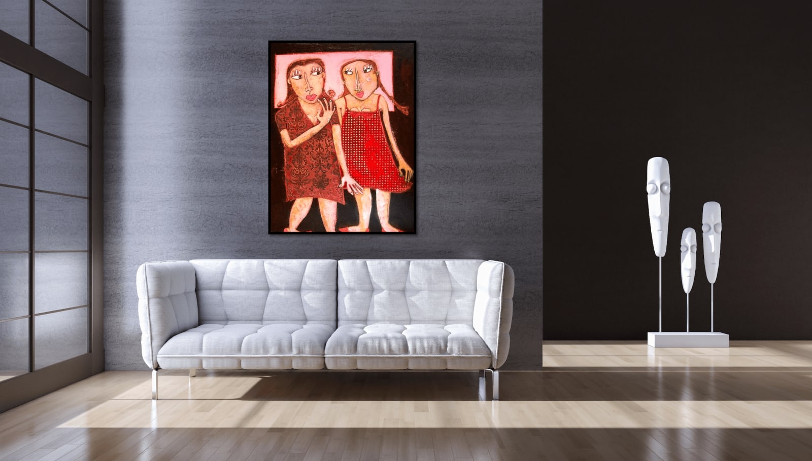 art thema, artthema, art, thema, Girls, red dress, joyeful, love, copines, simsa patricia, contemporary figurative cart, lacrique, Art Thema Heyi Gallery, Brussels, salon decoration, home interior art design