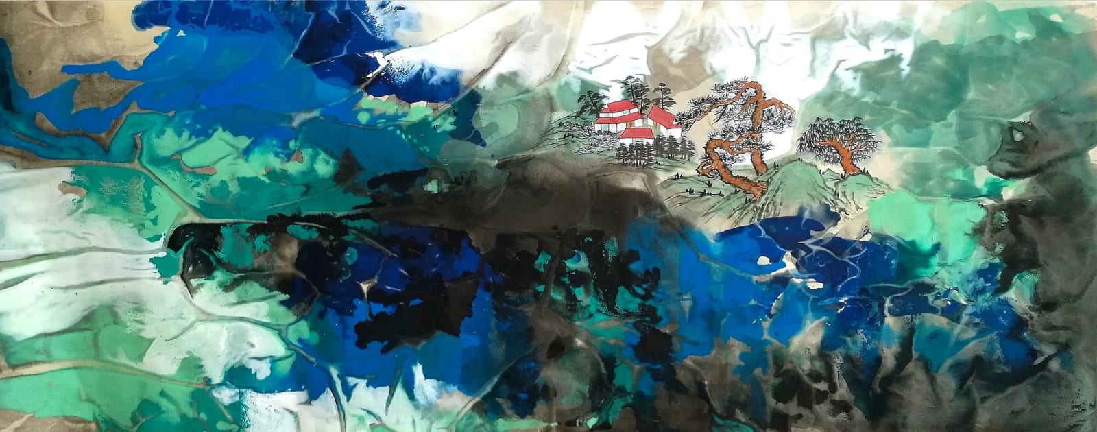 zhang jinxian, temple in mountain, mountain painting, landscape painting, ink art, chinese art, ink painting, waterscape painting, lake painting, zen painting, asian painting, asian art, relax, inspiration, buddism art, interior design, art deco, decor, room decoration, interior decoration, wall decoration, wall art, art thema heyi, belgian art gallery