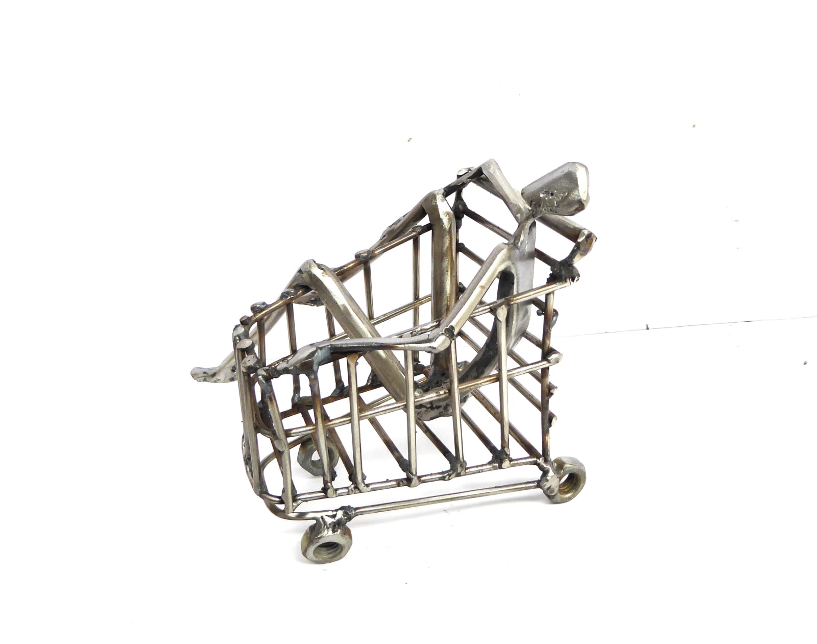 Shopping, shopping cart, person, solitude, covid, caroline brisset, steel sculpture, contemporary art, figurative art, Art Thema Heyi Gallery, Brussels