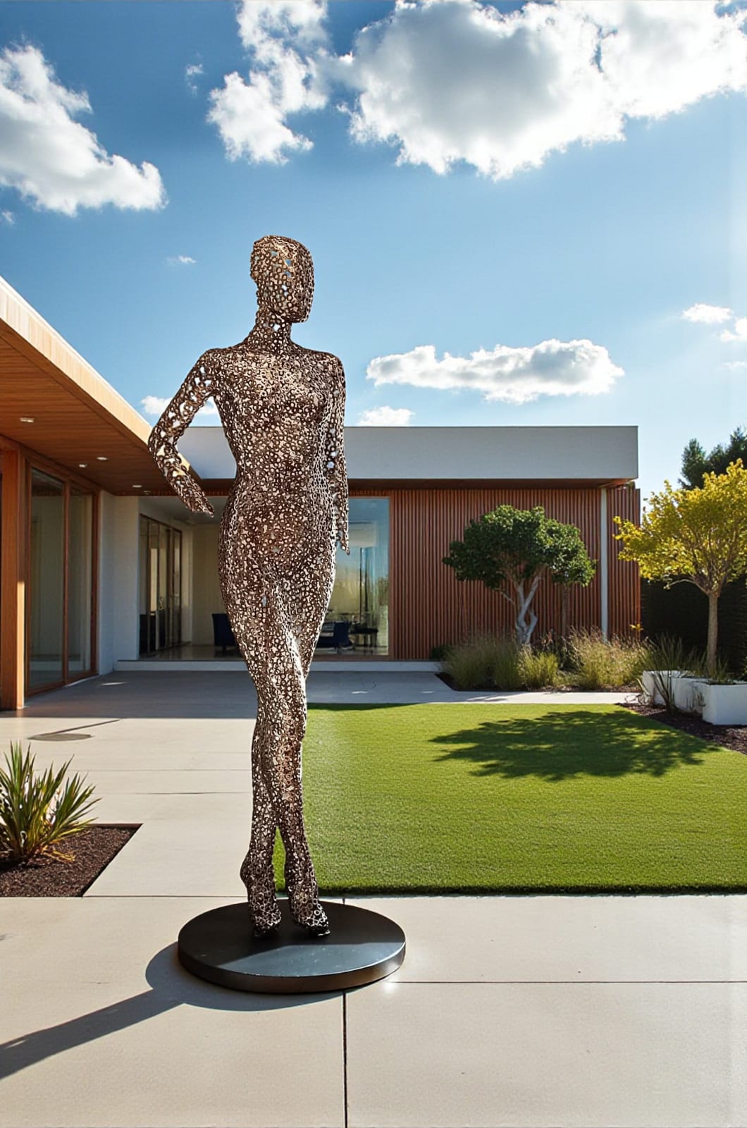 Maia, escultura contemporánea en acero inoxidable cepillado de Gregory Castiglia instalada en un jardín, obra gráfica y permeable apta para espacios exteriores.