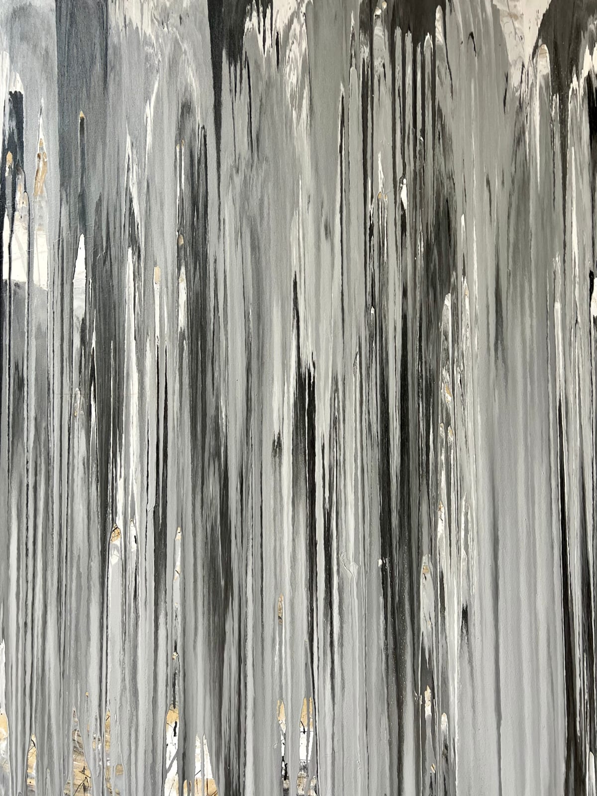 Limestone Tears, abstract painting by Mathis Duhem with vertical grey and black flows evoking mineral textures and stone-like erosion