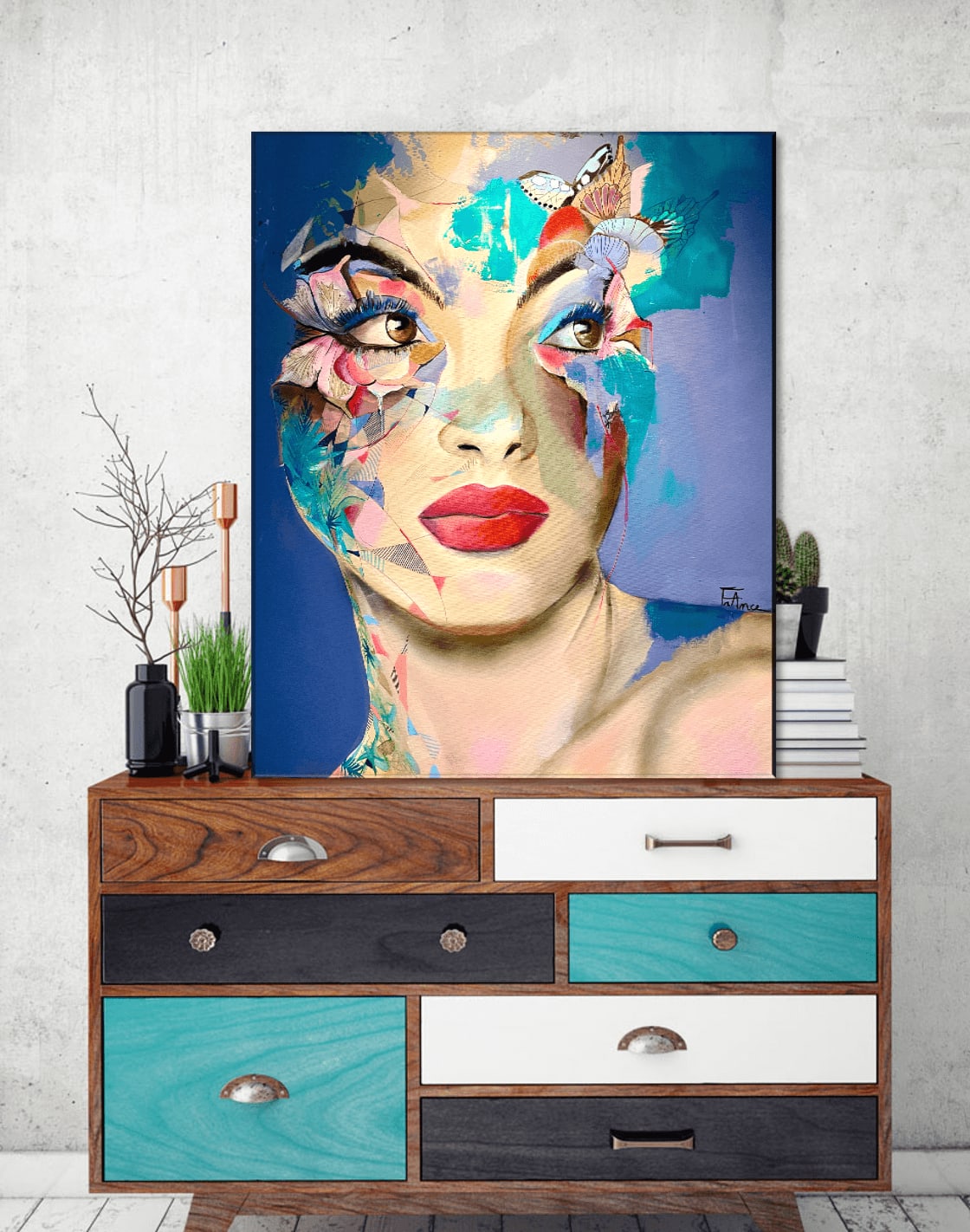 de ogen van vlinder acryl schilderij japanse kunst frankrijk courpotin vrouw schminken van vlinder en bloem Kunst Yi brusselse kunstgalerij