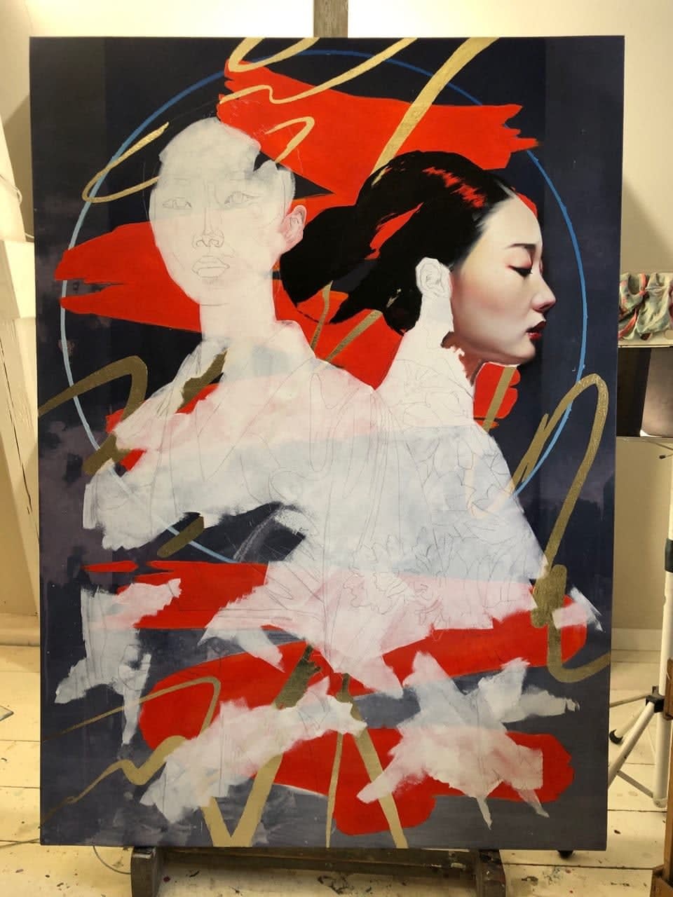 The night dream Damien Bassez beautiful japanese woman in kimono contemporary japanese painting of figuration oil painting Art Yi gallery Brussels art gallery