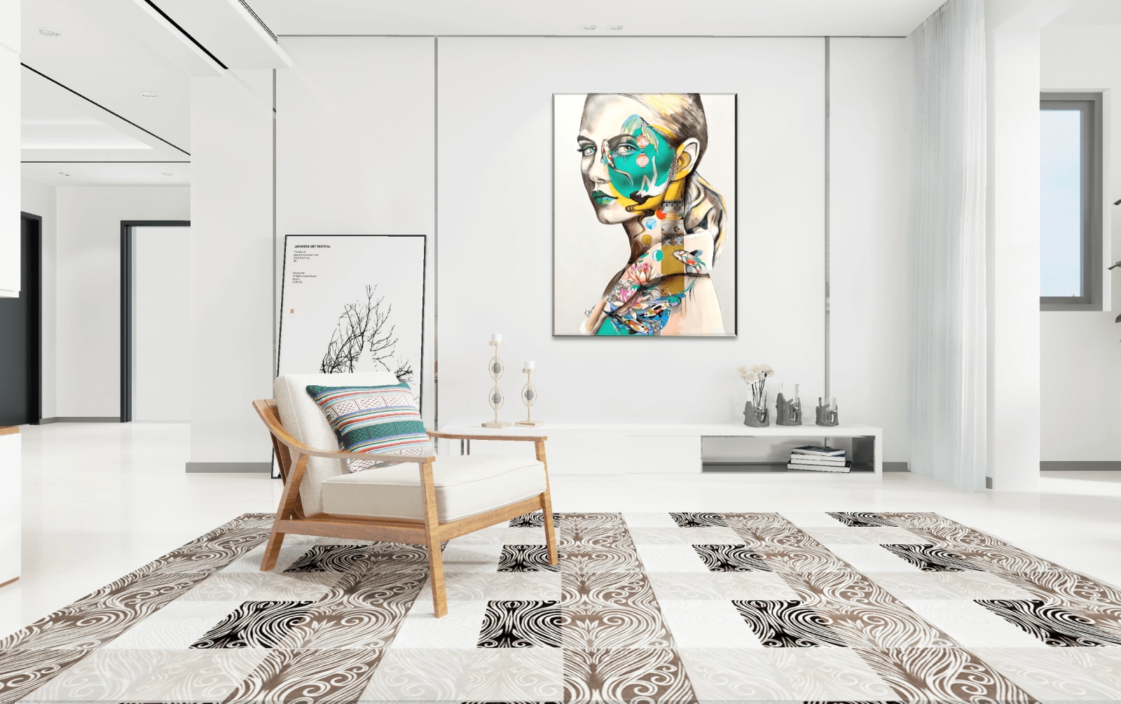 Zeemeermin acryl schilderij Frankrijk courpotin schminken Japans schilderij van een mooie zeemeermin prinses in kimono's op de maan lotusbloem en vis art yi kunstgalerij brussel
