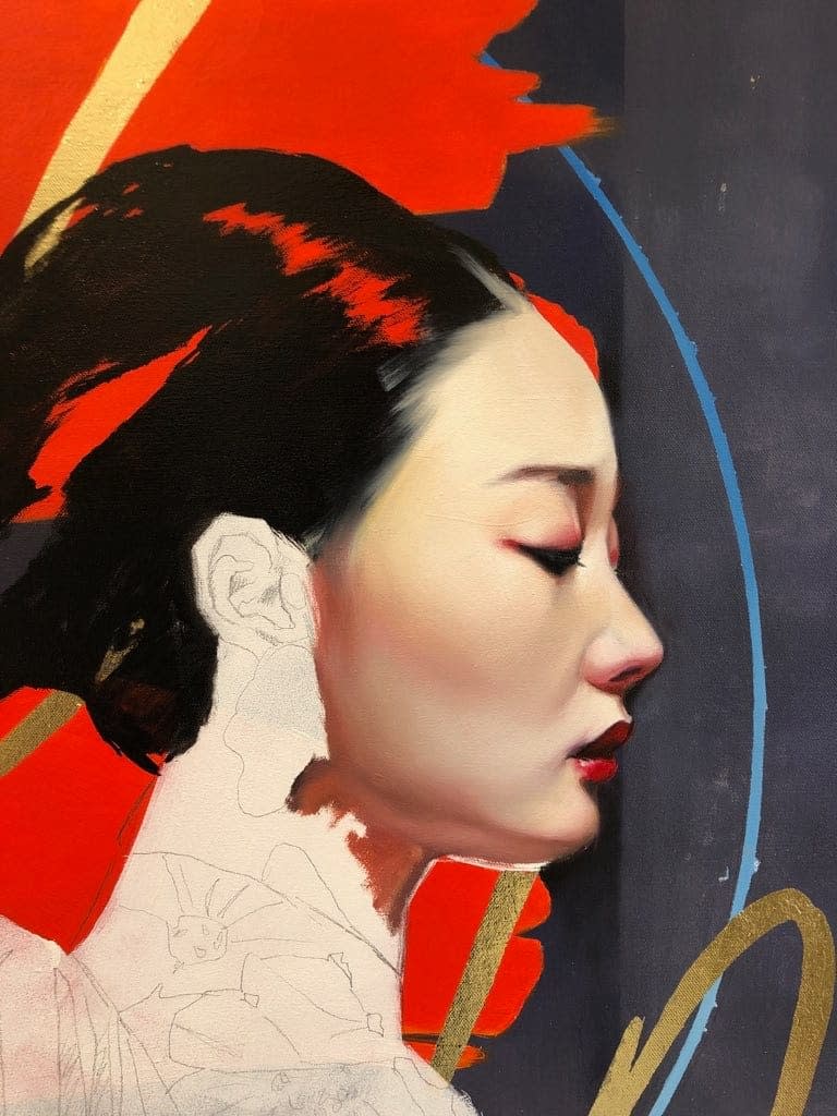 Le rêve nocturne Damien Bassez belle femme japonaise en kimono peinture japonaise contemporaine de figuration peinture à l'huile Galerie Art Yi Galerie d'art de Bruxelles