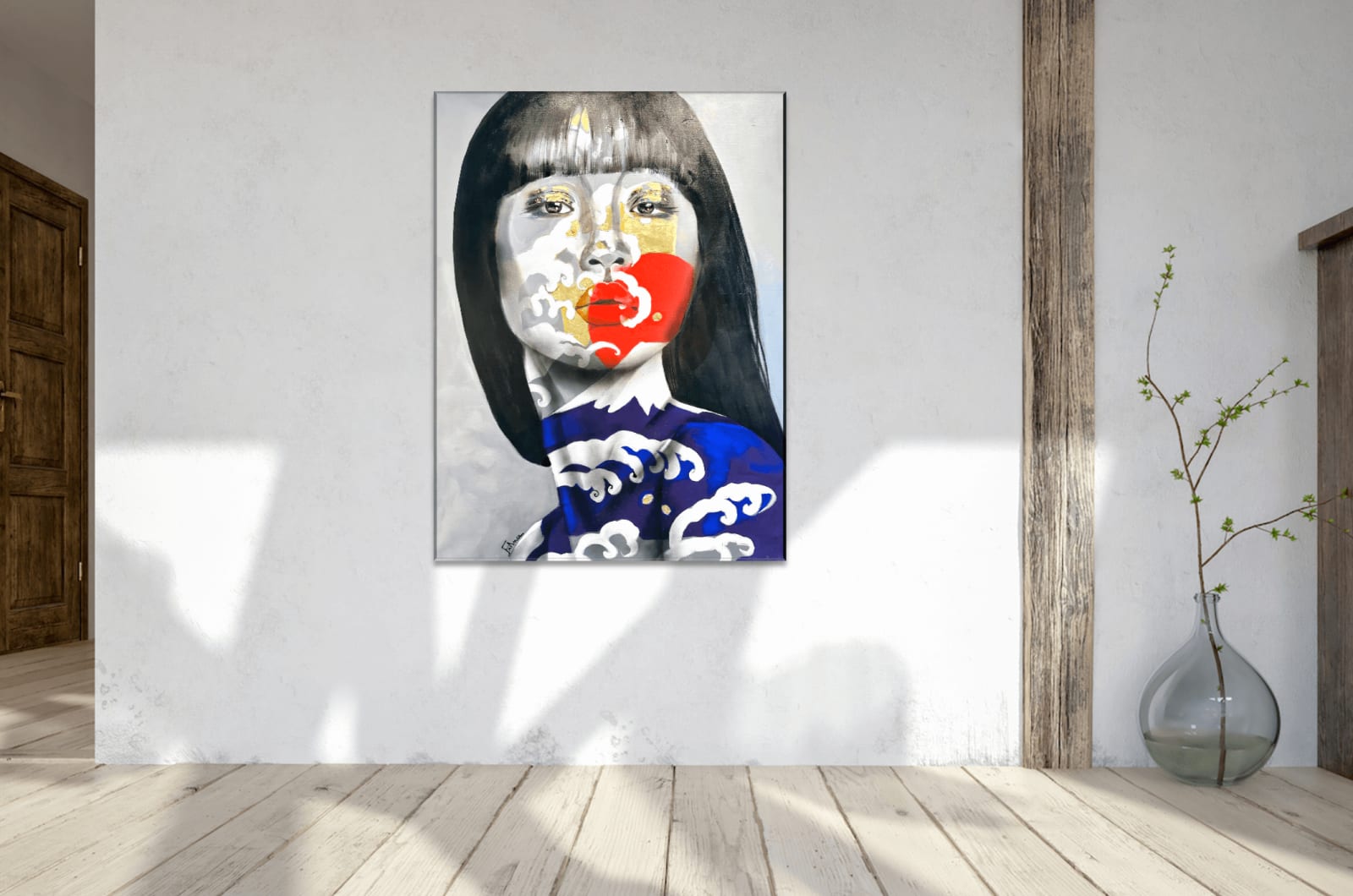 De golf van Hokusai acryl schilderij japanse kunst schilderij met bladgoud frankrijk courpotin vrouw schminken met mooie japanse vrouw in kimono kunst yi brusselse kunstgalerij
