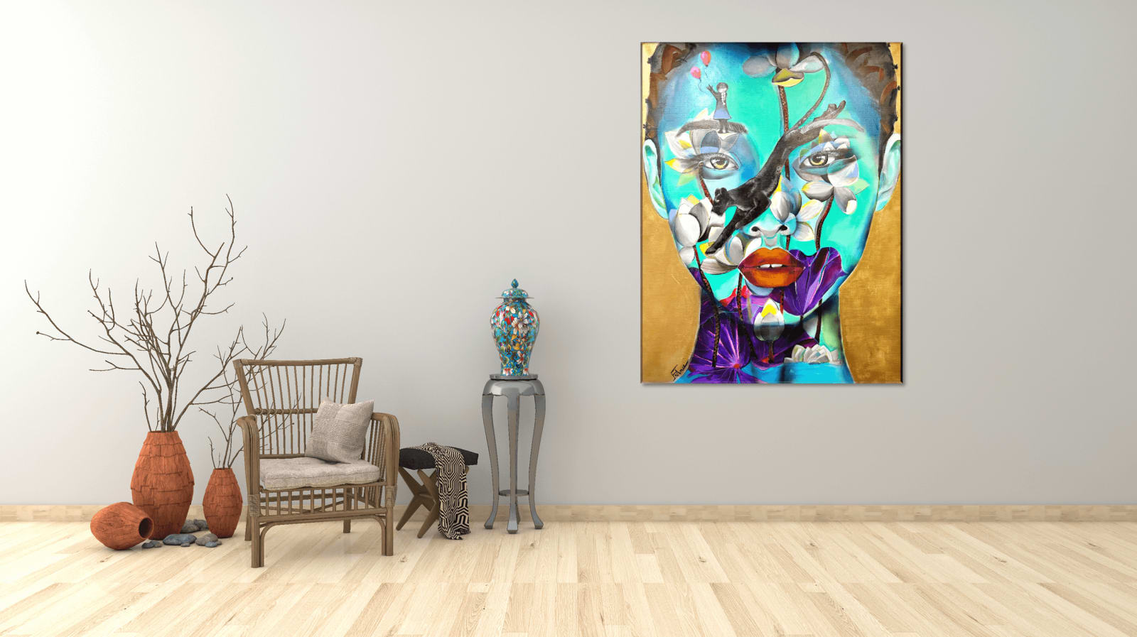 De zwarte panter acryl schilderij frankrijk gouden courpotin schilderij van een mooie vrouw gezicht een zwarte panter in een bos van witte lentebloemen