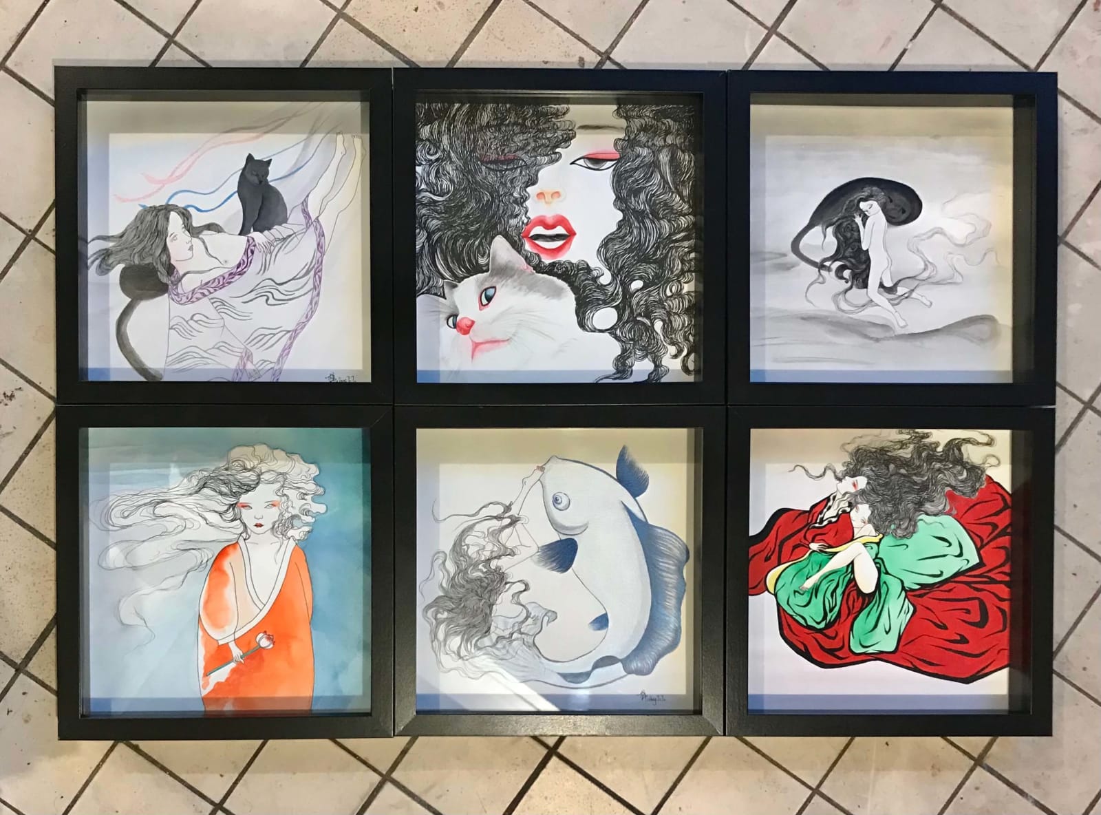 wang jojo chinois contemporain ukiyo-e et yamato-e peinture peinture à l'encre belle femme japonaise en kumonos avec un chat aquarelle dessin architecte d'intérieur galerie d'art art yi bruxelles