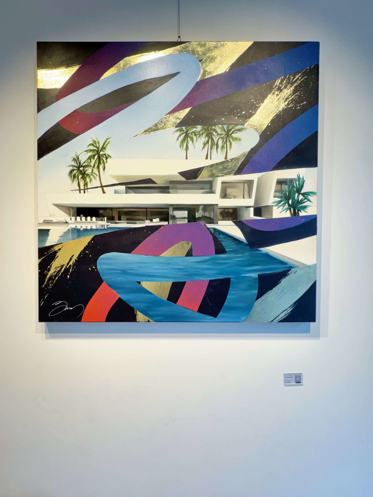 Architecture en ligne dorée peinture à l'huile Damien Bassez peinture acrylique peinture ronde peinture contemporaine de maison de vacances blanche moderne en été art décoration Galerie d'art Yi Galerie d'art de Bruxelles