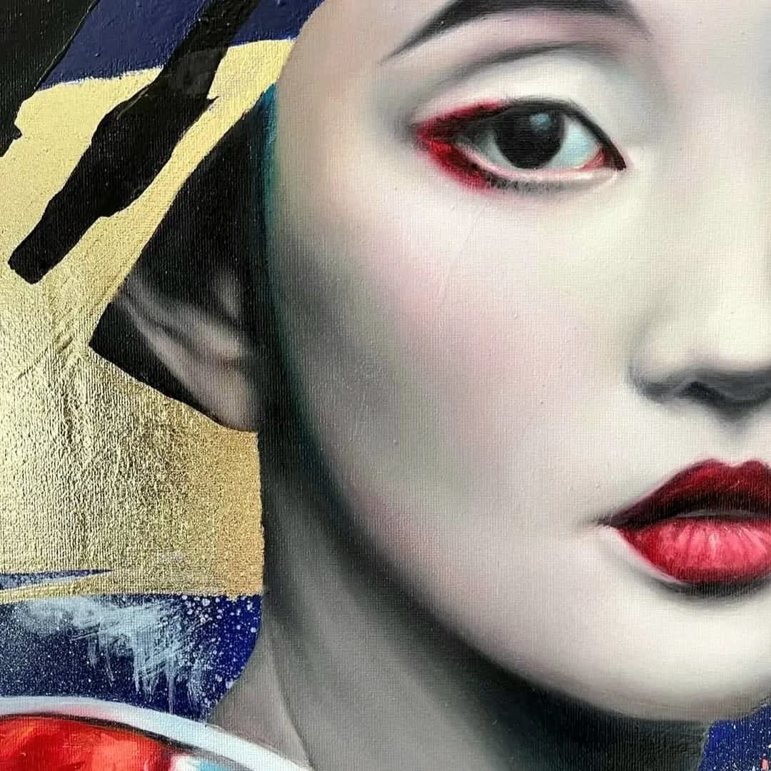 Breathe well Damien Bassez beautiful japanese geisha woman in kimono contemporary japanese painting of figuration Art Yi gallery Brussels art gallery
