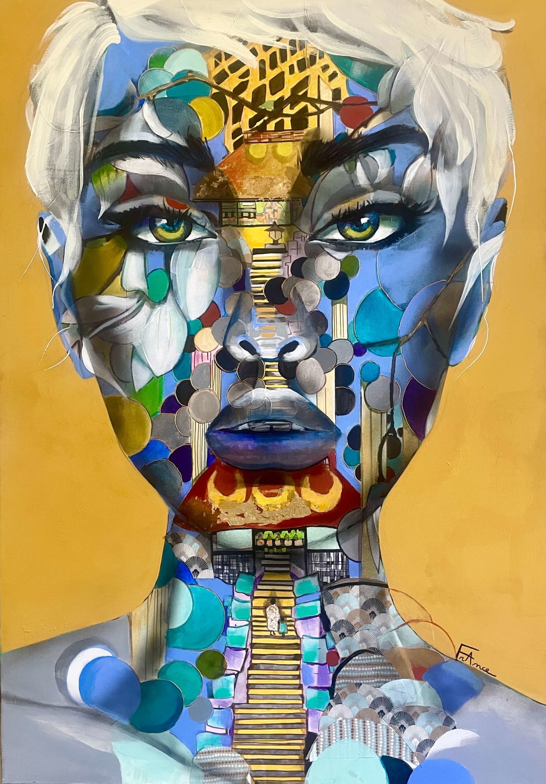 de trappen naar de tempel acryl schilderij japanse kunst frankrijk courpotin vrouw schminken van japanse tempel op de berg art yi brusselse kunstgalerij