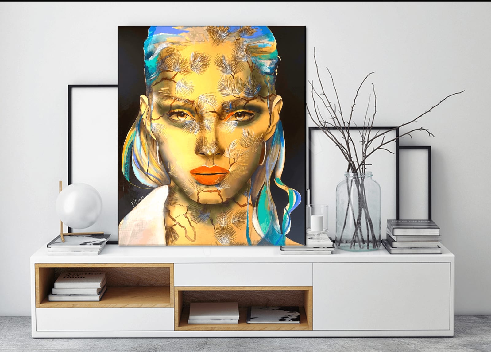 pins peinture acrylique art japonais france courpotin peinture de visage de femme arbre et mer bleue art yi galerie d'art de bruxelles