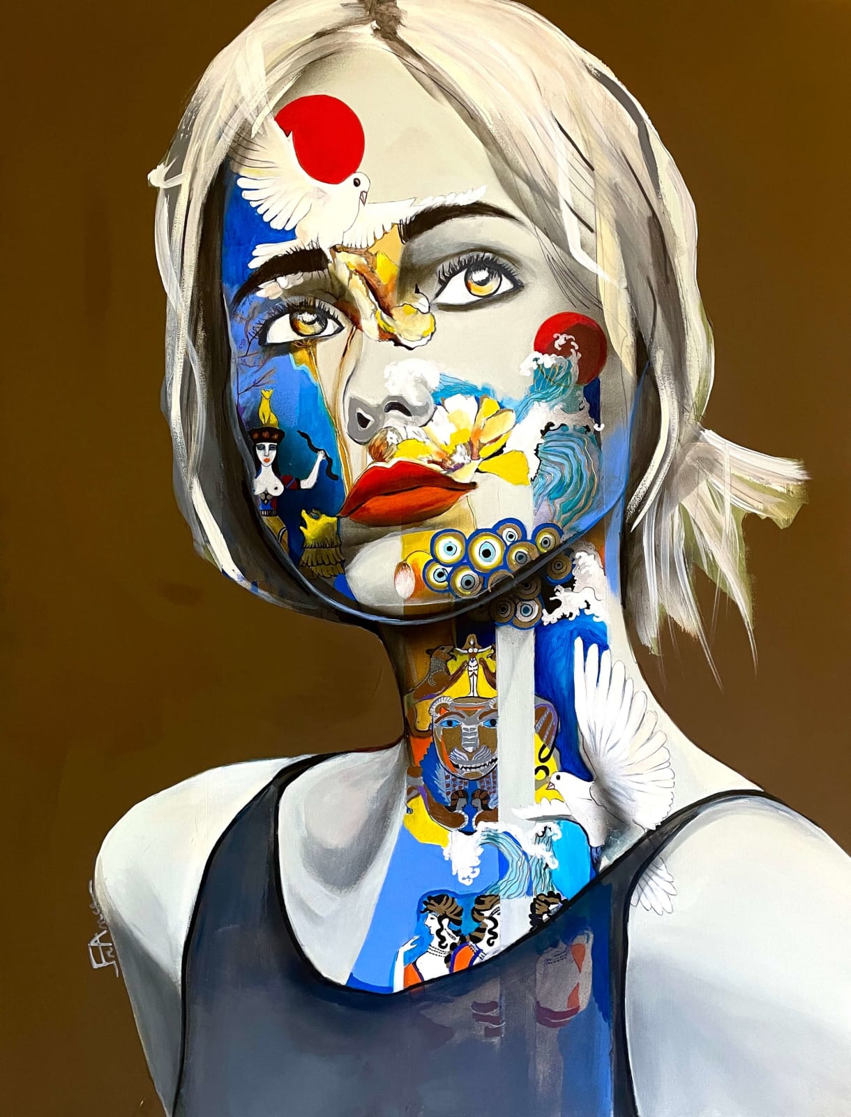 les minoens de Knossos peinture contemporain bleu et marron France Courpotin Art Yi Galerie d'art bruxelloise