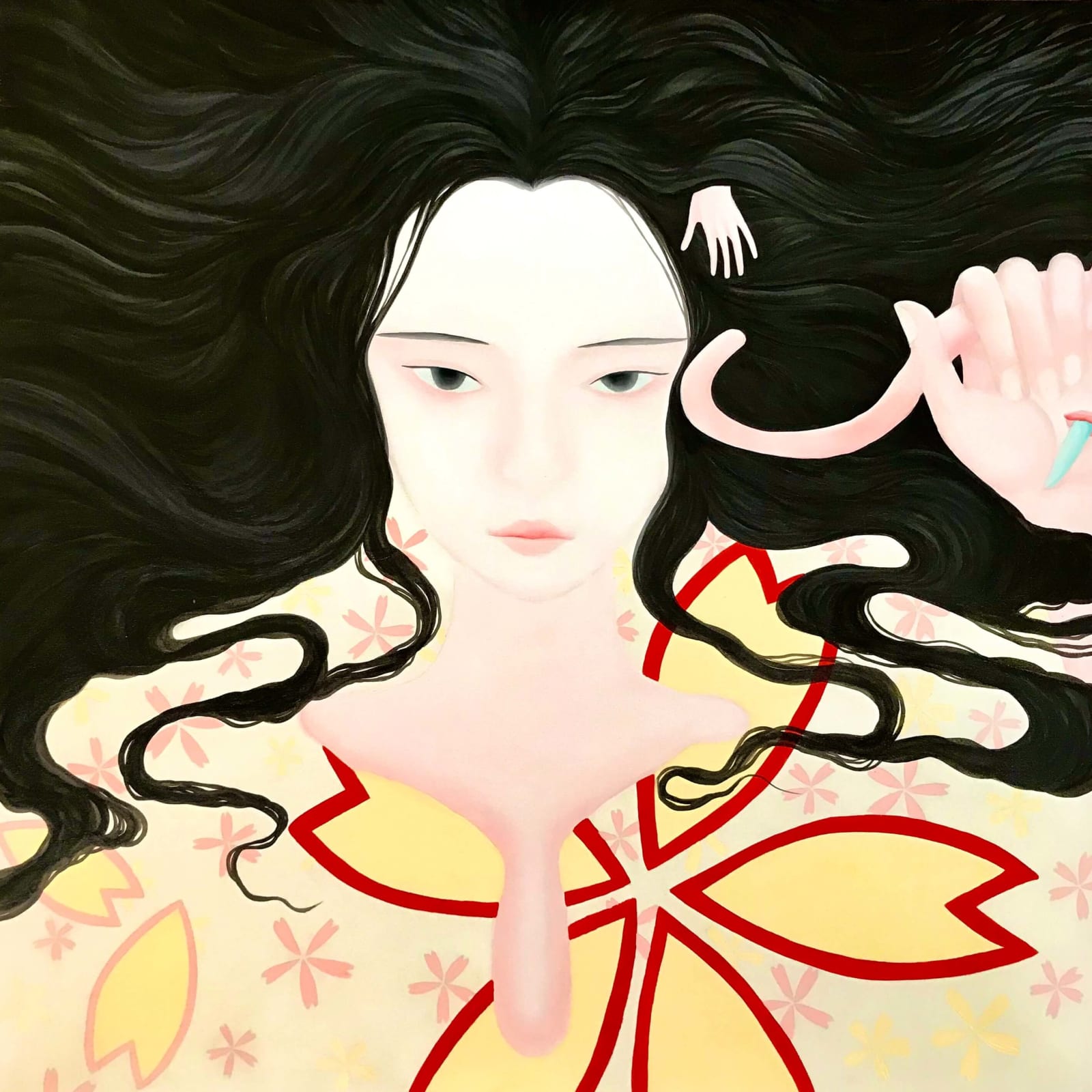 portrait drawing evil wang jojo beautiful japanese woman in kimonos ukiyo-e and yamato-e style acrylic painting on canvas