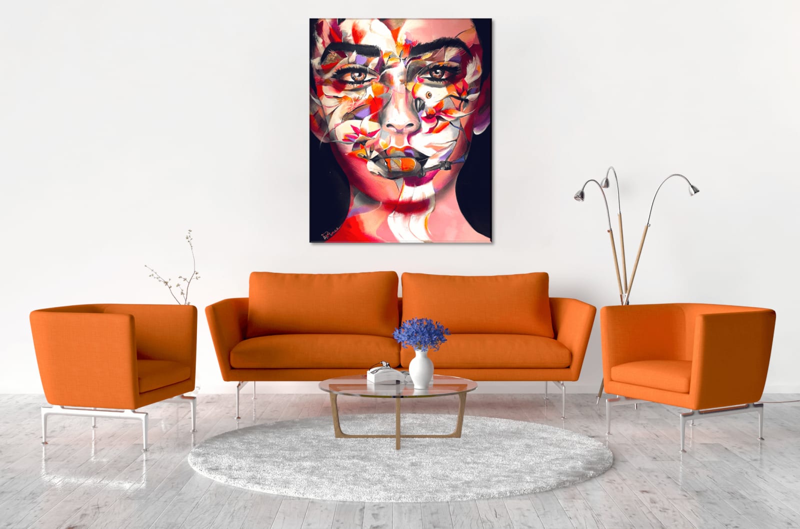 saudade acryl schilderij japanse kunst frankrijk courpotin vrouw schminken van vogel en roze bloem Art Yi brusselse kunstgalerij