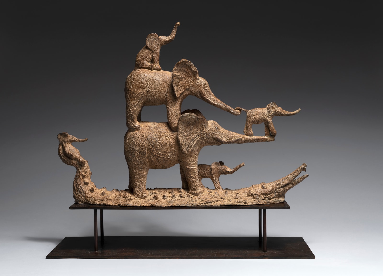 the sacred boat happy elephant family parent and babies on the boat of crocodile contemporary bronze sculpture garden interior design sophie verger art gallery brussels