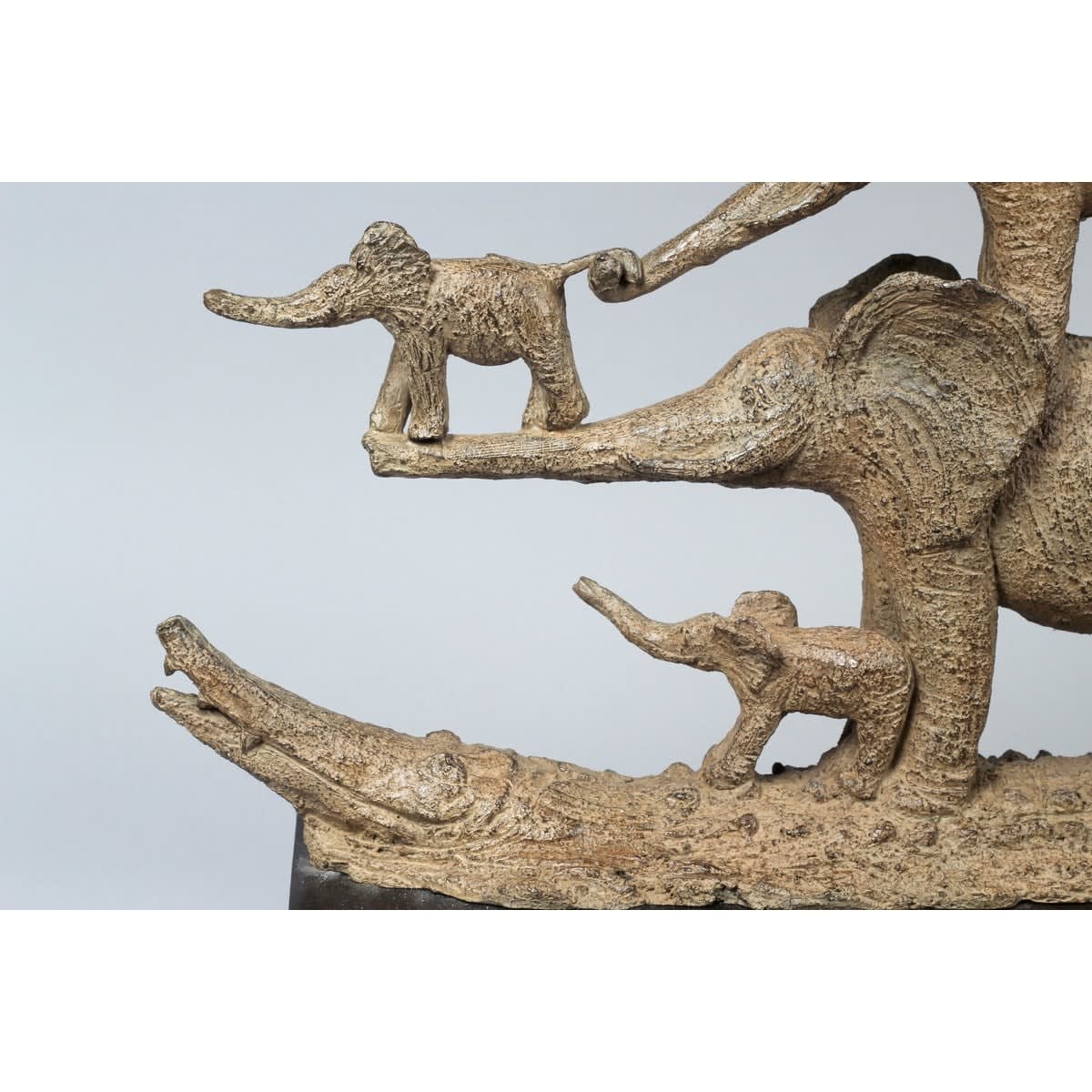 the sacred boat happy elephant family parent and babies on the boat of crocodile contemporary bronze sculpture garden interior design sophie verger art gallery brussels