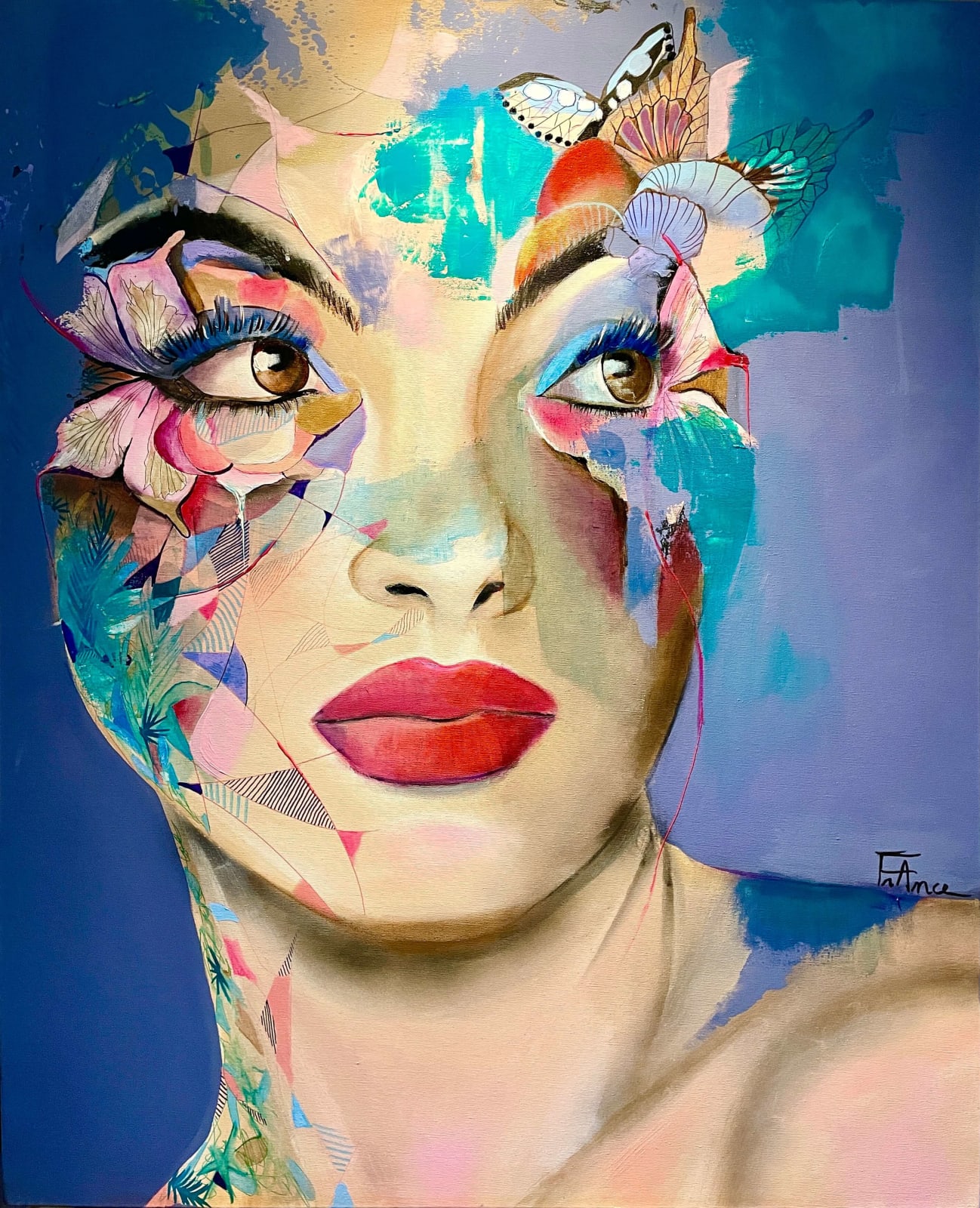 les yeux de papillon peinture acrylique art japonais france courpotin femme visage peinture de papillon et fleur Art Yi galerie d'art de bruxelles