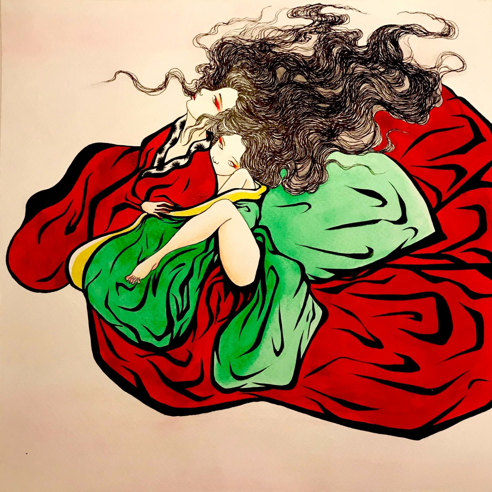 flamme jumelle wang jojo peinture contemporaine chinoise peinture acrylique colorée belle femme japonaise en kimonos architecte d'intérieur galerie d'art art yi bruxelles