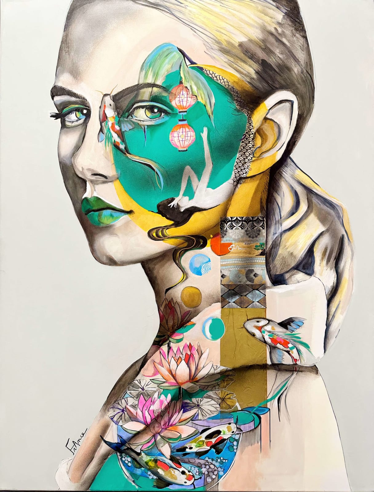 Zeemeermin acryl schilderij Frankrijk courpotin schminken Japans schilderij van een mooie zeemeermin prinses in kimono's op de maan lotusbloem en vis art yi kunstgalerij brussel