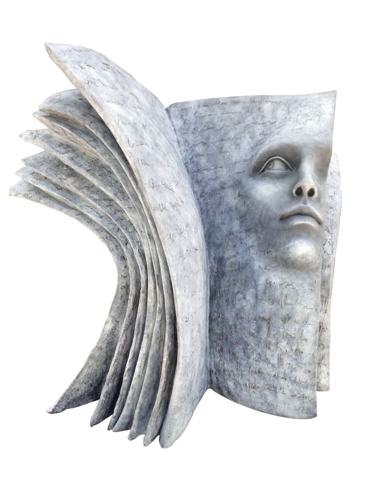 regardant vers l'avenir contemporain bronze sculpture visage sculpture livre sculpture paola grizi italien sculpture jardin sculpture art yi galerie d'art de bruxelles