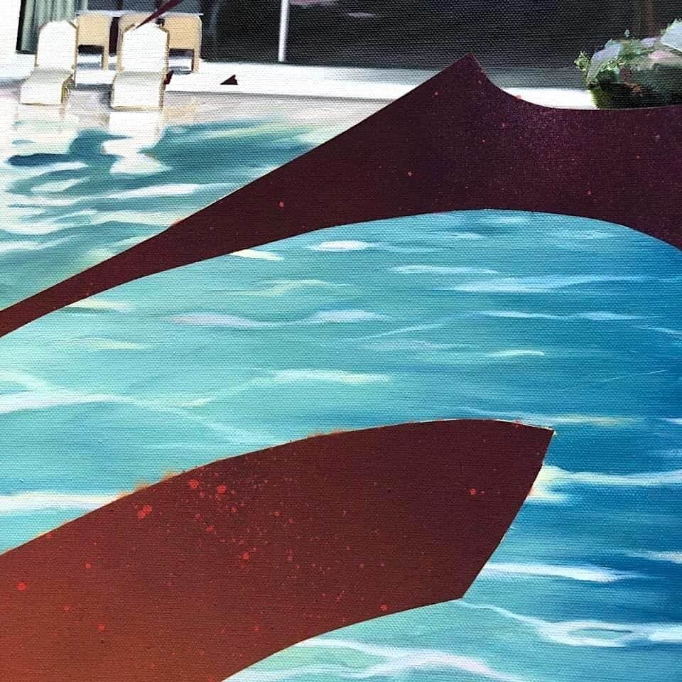 Architecte et piscine sur tondo peinture à l'huile Damien Bassez peinture acrylique peinture ronde peinture contemporaine de maison de vacances blanche moderne en été art décoration Galerie d'art Yi Galerie d'art de Bruxelles