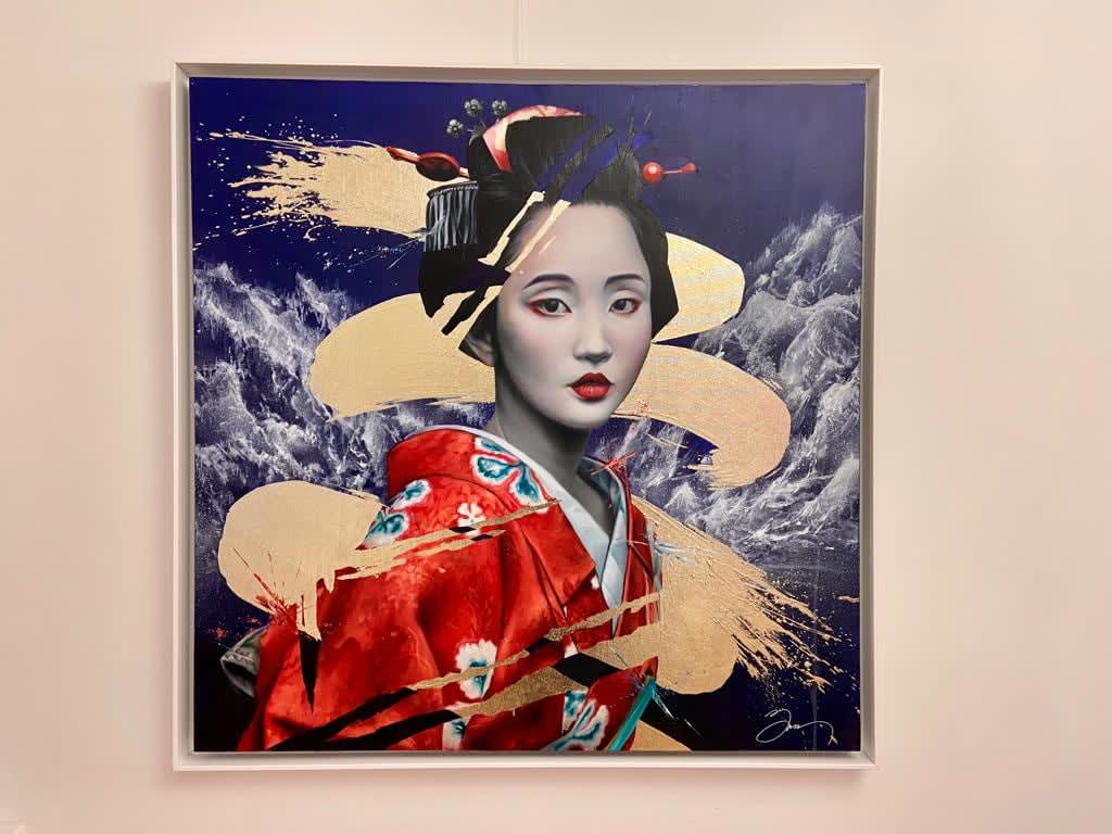 Breathe well Damien Bassez beautiful japanese geisha woman in kimono contemporary japanese painting of figuration Art Yi gallery Brussels art gallery
