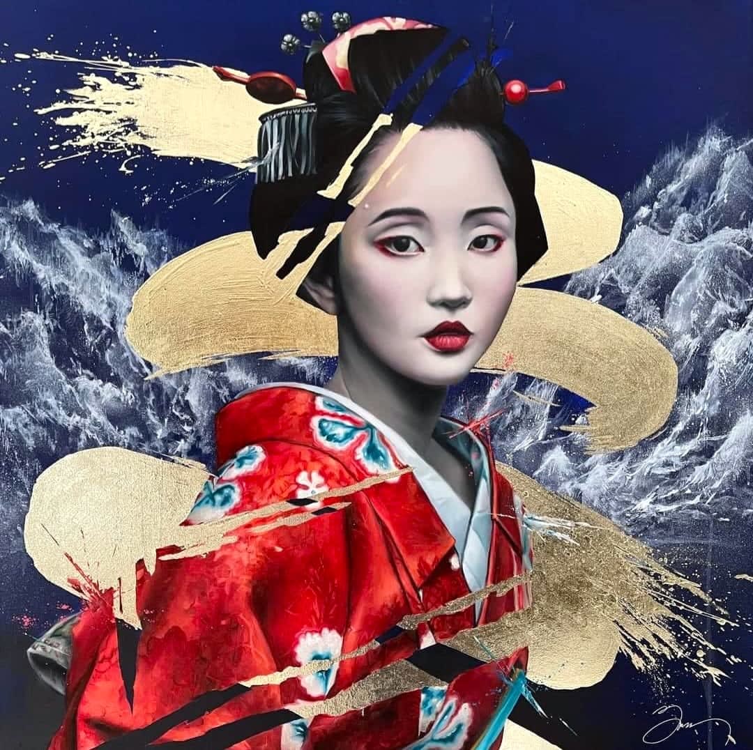 Souffle bien Damien Bassez belle geisha femme japonaise en kimono peinture japonaise contemporaine de figuration Galerie Art Yi Galerie d'art de Bruxelles