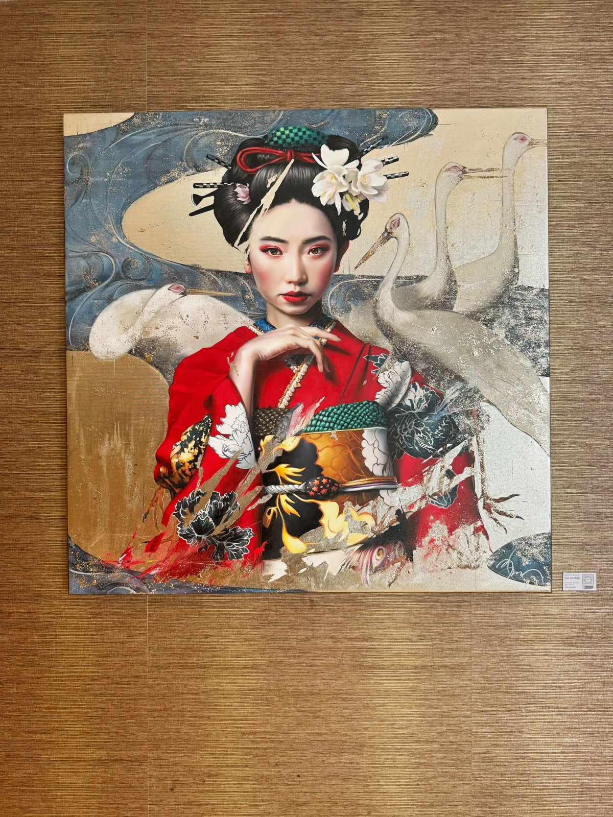 Or et eau Damien Bassez belle femme geisha japonaise en kimono peinture japonaise contemporaine de figuration Galerie Art Yi Galerie d'art de Bruxelles