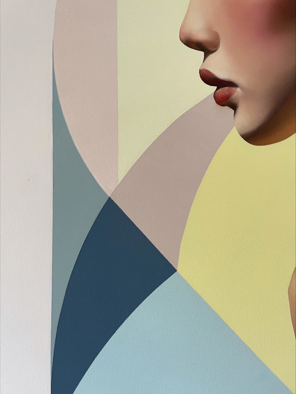 Baigneuse à la vague bleue peinture à l'huile Damien Bassez peinture acrylique peinture contemporaine d'une belle nageuse asiatique art déco Galerie d'art Yi Galerie d'art de Bruxelles