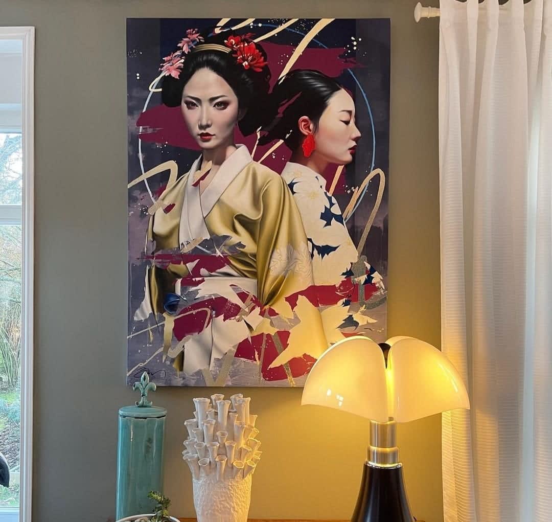 The night dream Damien Bassez beautiful japanese woman in kimono contemporary japanese painting of figuration oil painting Art Yi gallery Brussels art gallery