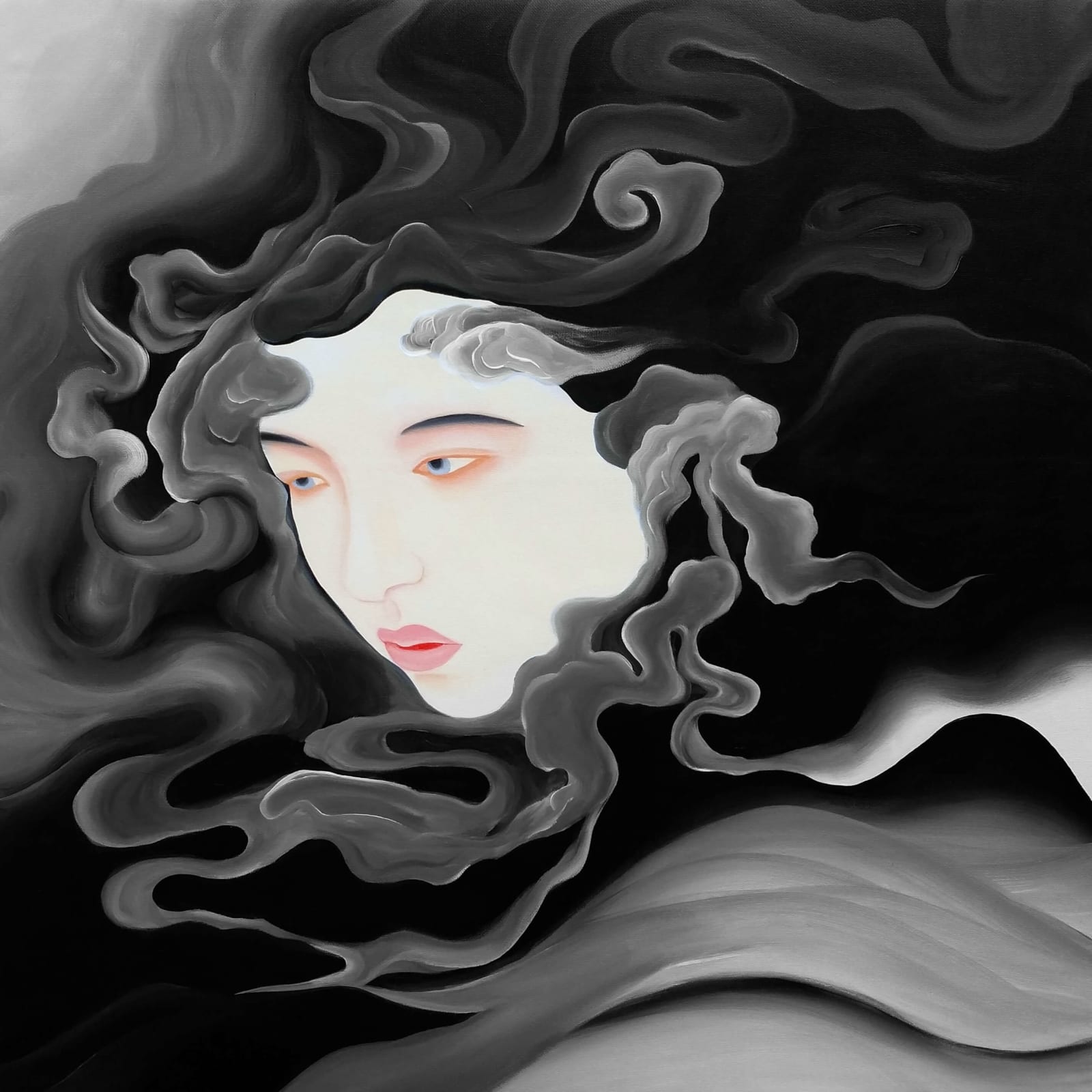 waiting for the wind wang jojo chinese contemporary painting of a girl flying in sky in black and white in ukiyo-e and yamato-e japanese painting ink and watercolor on paper interior draw art decoration art gallery art yi brussels