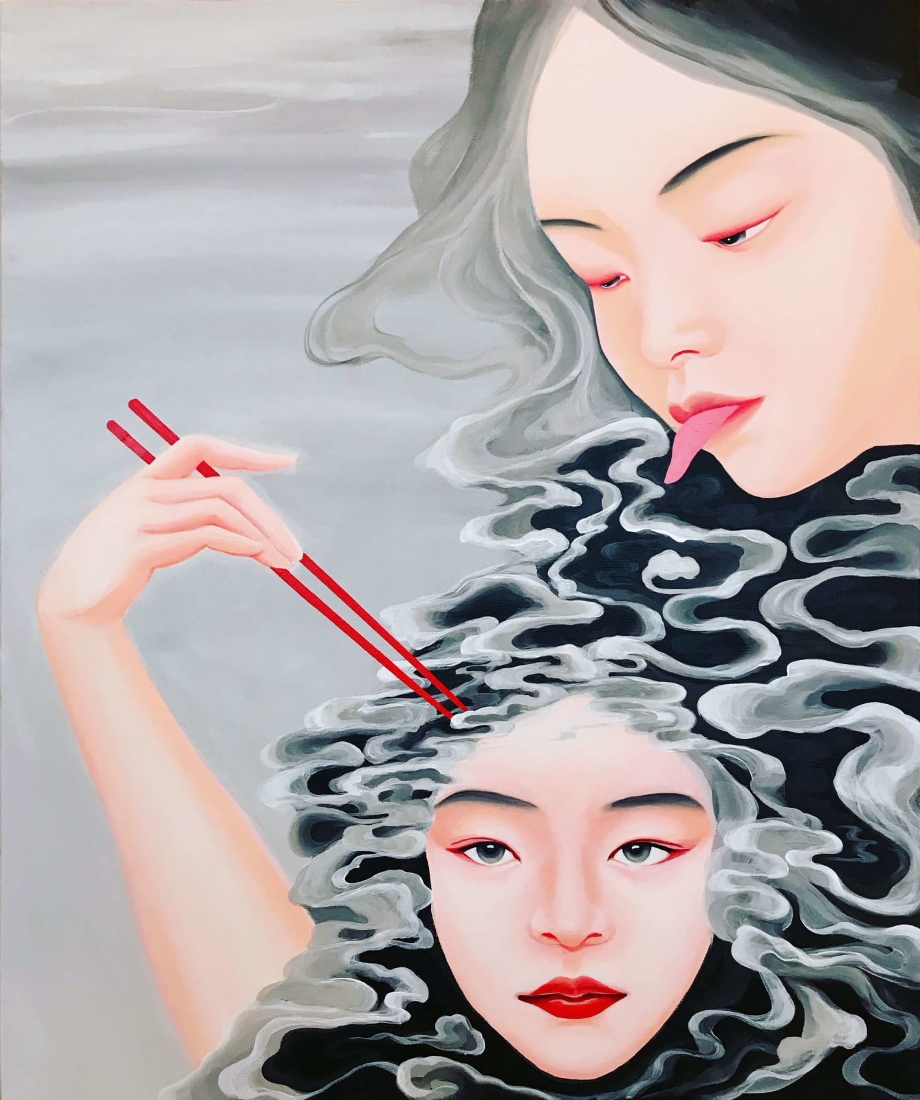nourrir wang jojo peinture contemporaine chinoise d'une jeune fille mangeant en noir et blanc en ukiyo-e et yamato-e peinture japonaise encre et aquarelle sur papier tirage intérieur art décoration galerie d'art art yi bruxelles