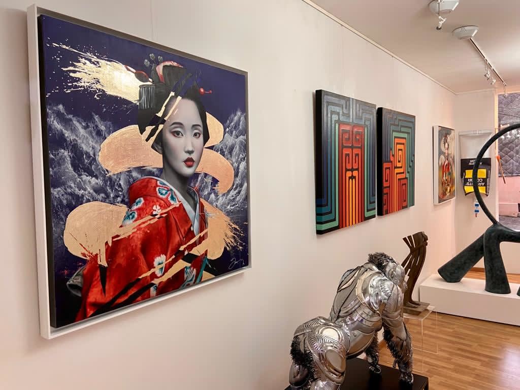 Adem goed in Damien Bassez mooie Japanse geisha vrouw in kimono hedendaagse Japanse schilderkunst van figuratie Art Yi-galerij Kunstgalerij Brussel