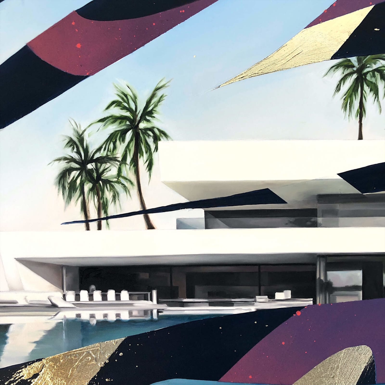 Architectuur in Golden Line olieverfschilderij Damien Bassez acrylverf ronde schildering hedendaagse schildering van wit modern vakantiehuis in zomer kunstdecoratie Art Yi galerie Brusselse kunstgalerie