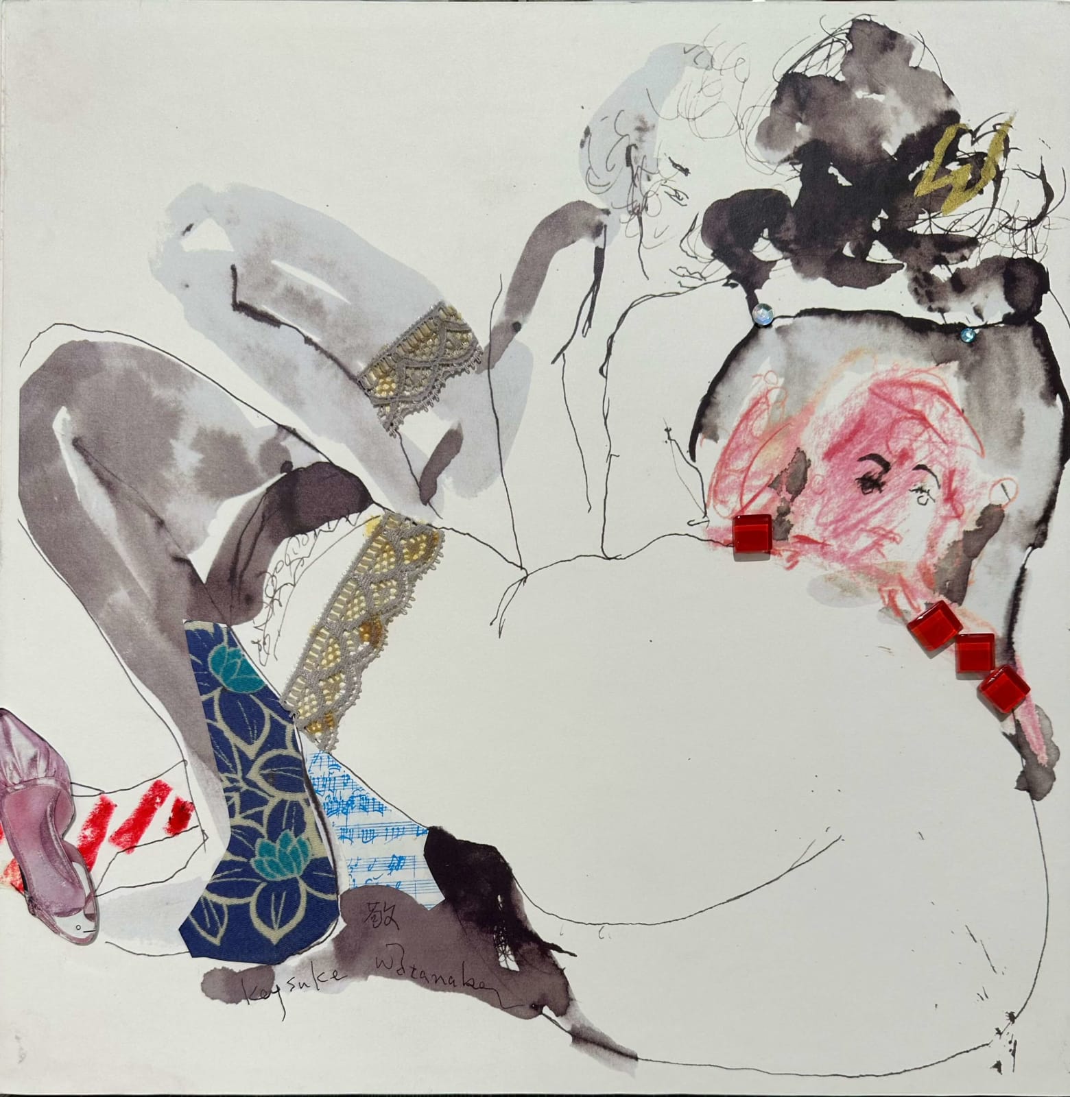 peinture à l'encre art sur panneau femme nue et musique danse artiste japonais à l'encre peintre Keisuke Watanabe tirage fin contemporain collection d'art mixte galerie d'art de bruxelles art vous