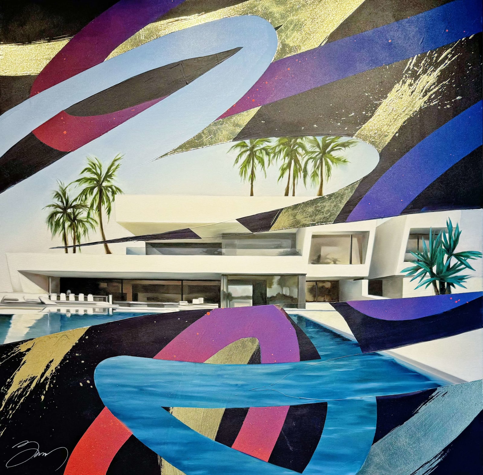 Architectuur in Golden Line olieverfschilderij Damien Bassez acrylverf ronde schildering hedendaagse schildering van wit modern vakantiehuis in zomer kunstdecoratie Art Yi galerie Brusselse kunstgalerie