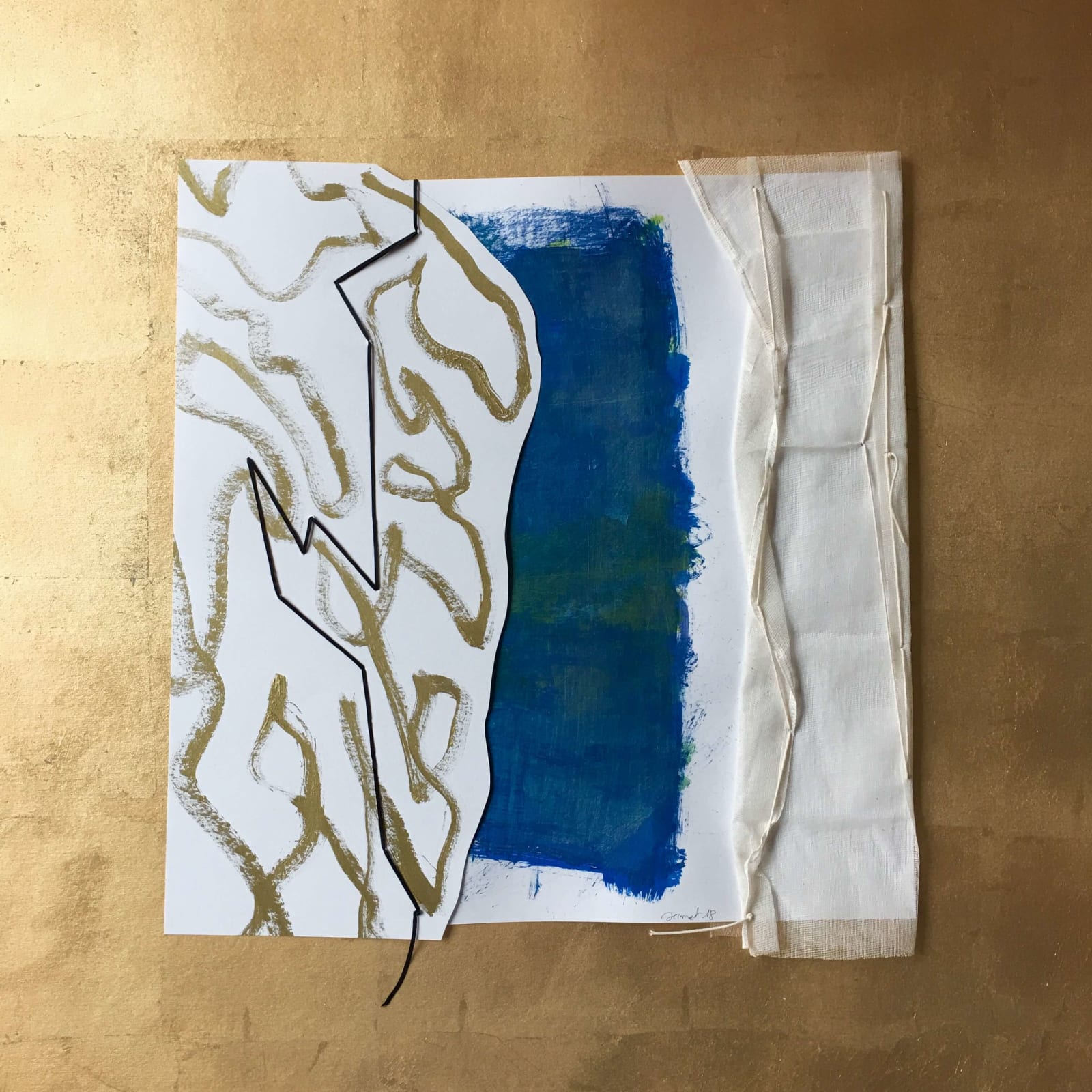 peinture précieuse à la feuille d'or avec acrylique et textile art multimédia de la maison fabienne décornet exposition d'antiquités chinoises poterie cheval et figurines Galerie Art Yi Galerie d'art de Bruxelles