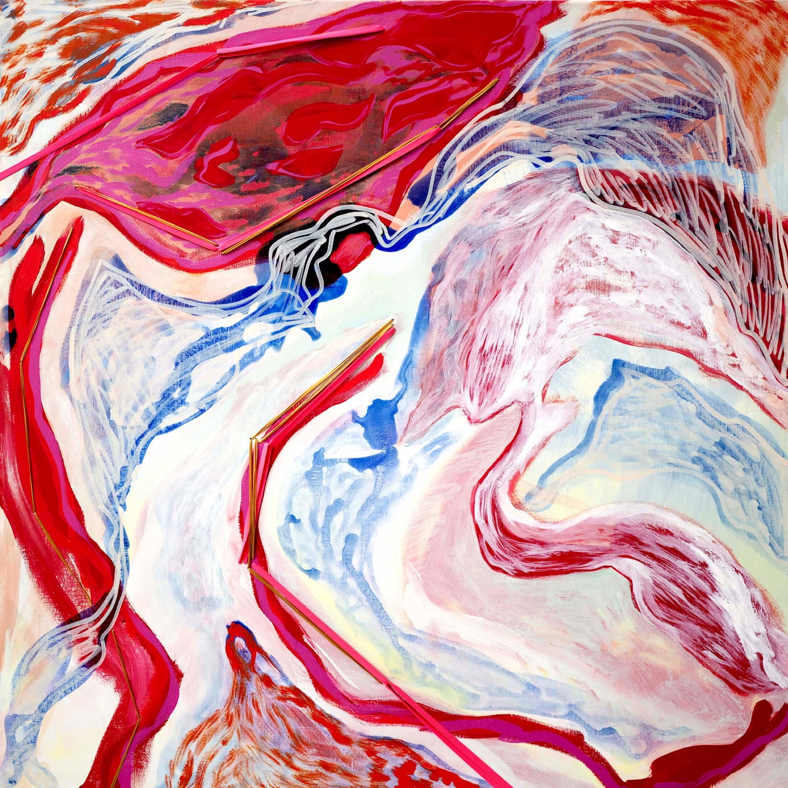 the shimmering contemporary art mixed media abstract painting pink and red abstract art maison Fabienne Decornet Art Yi Gallery Brussels art gallery