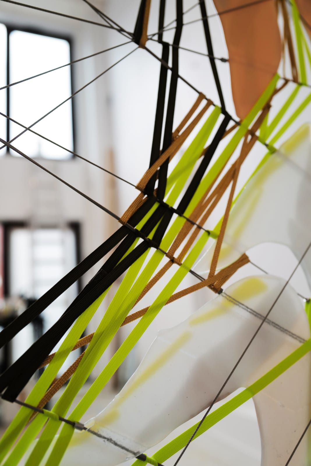 contemporary art wall installation glass art mixed media maison Fabienne Decornet interior design abstract art red and gold fishes Art Yi Gallery Brussels art gallery