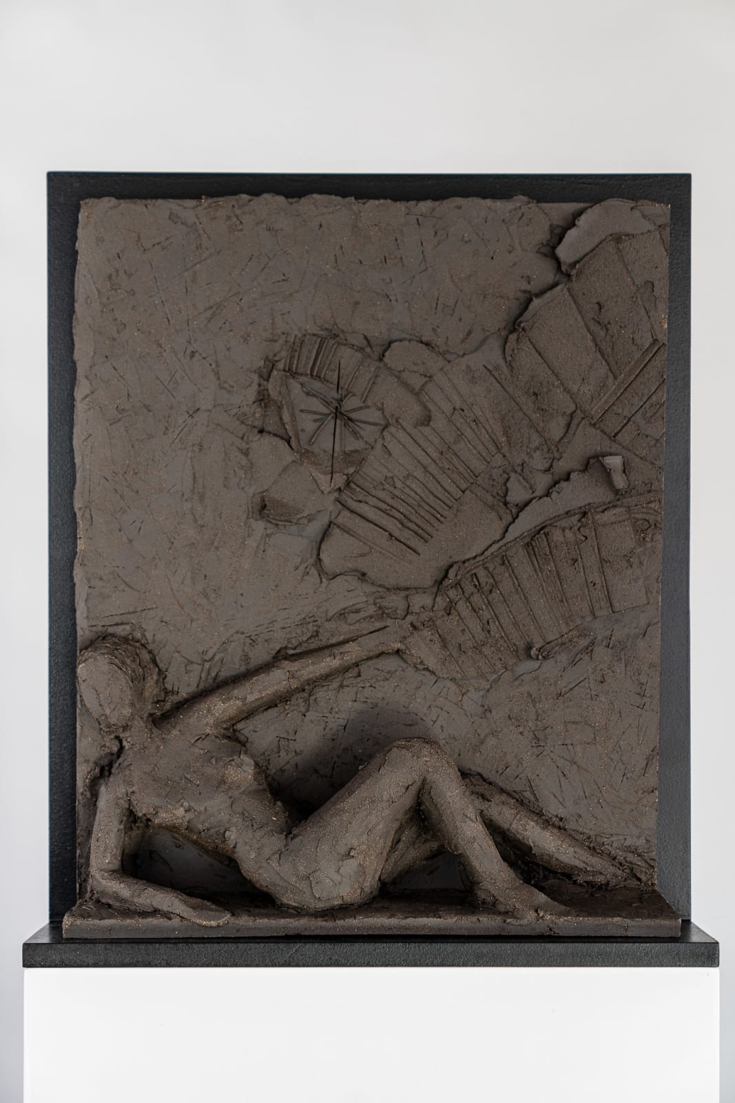 Sculptor Emilio DiIorio's series of 9 Greek Muses in black clay. Ceramic figurative relief is 2nd of 9.
