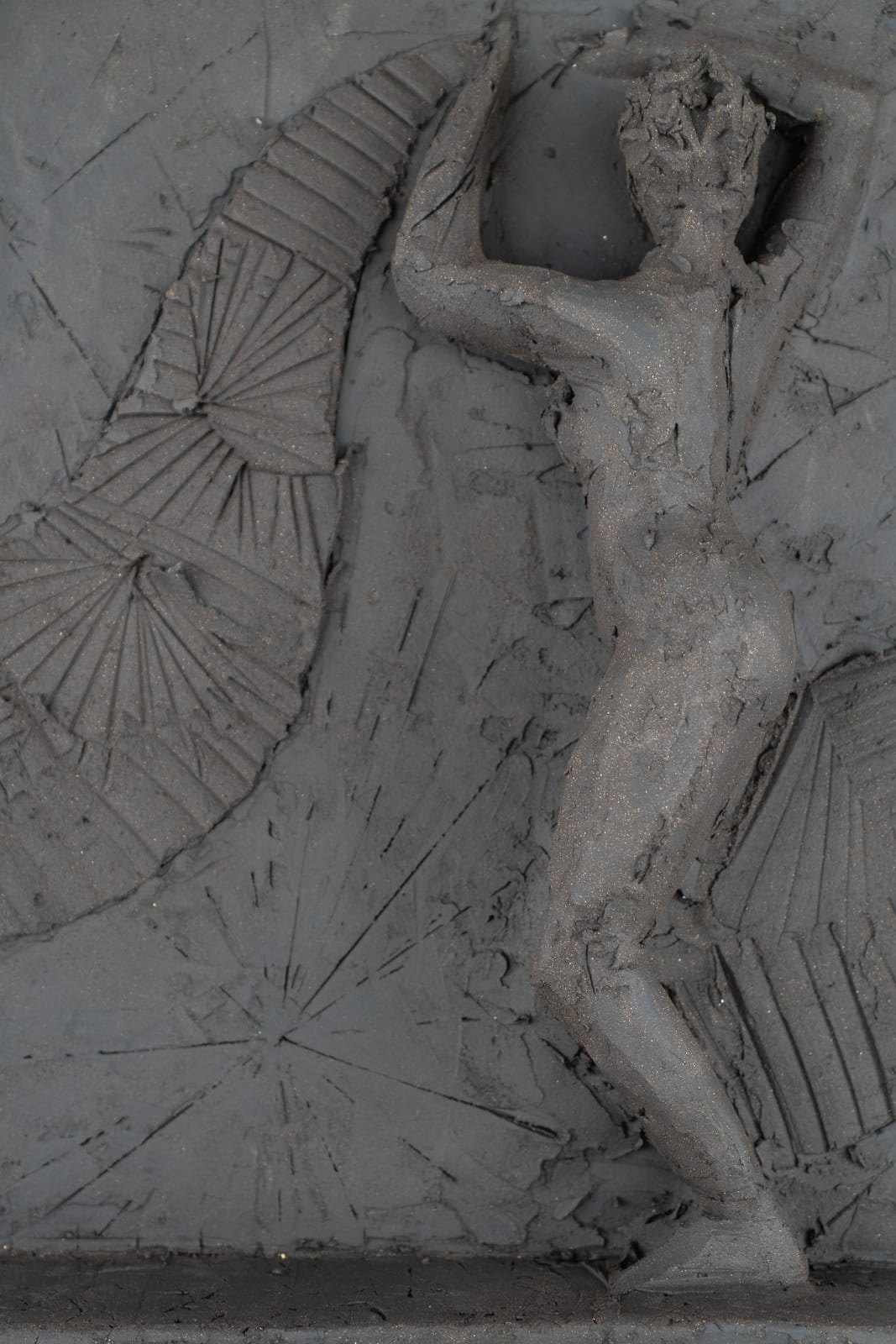 Sculptor Emilio DiIorio's series of 9 Greek Muses in black clay. Ceramic figurative relief is 8th of 9.