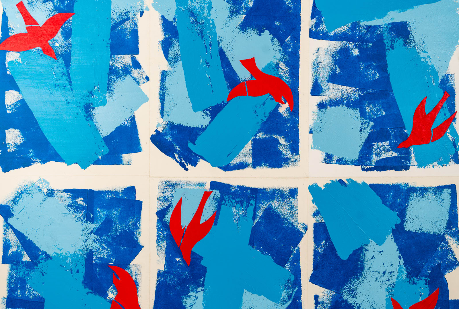Abstract collage in shades of blue with red birds by artist Emilio DiIorio