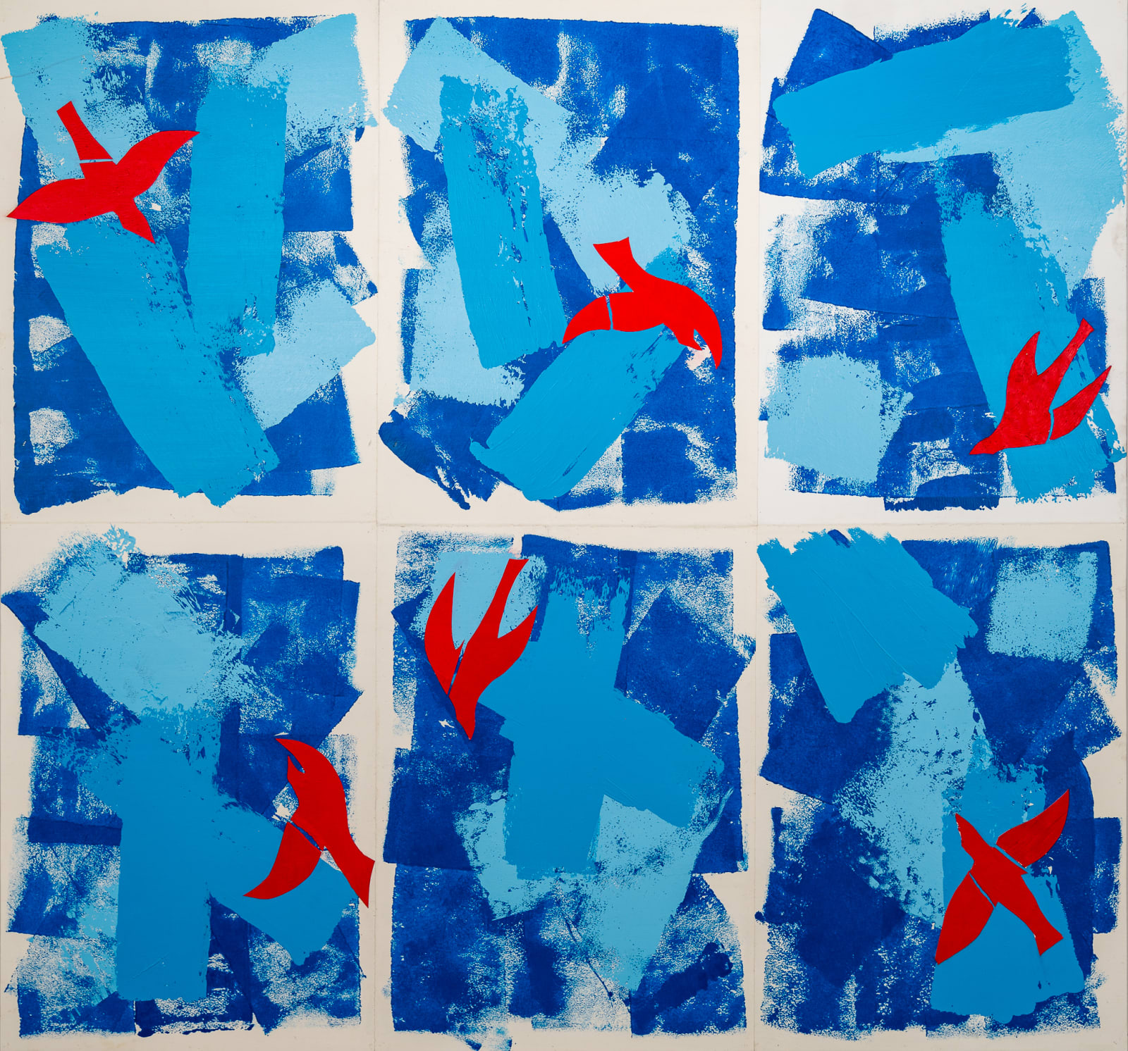 Abstract collage in shades of blue with red birds by artist Emilio DiIorio