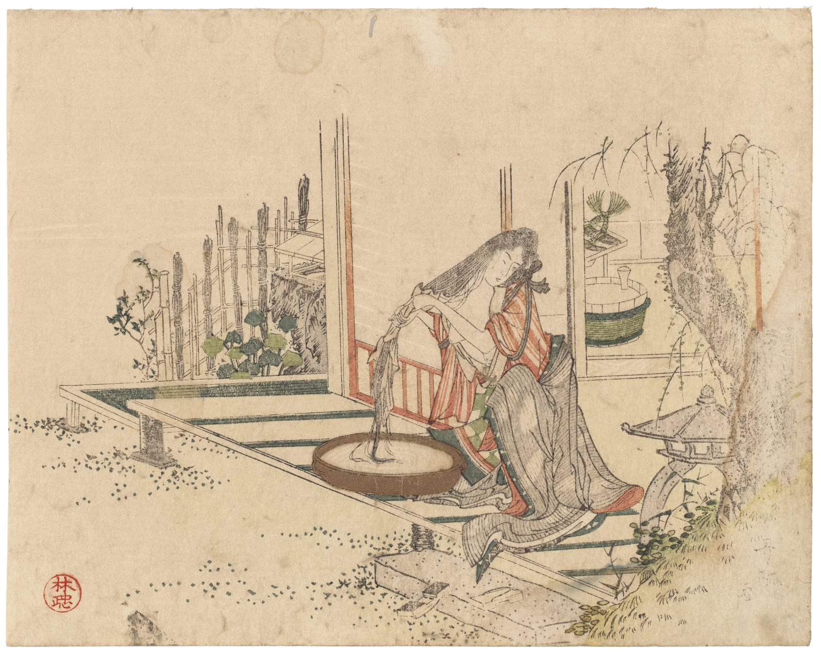 Numata Gessai (Utamasa) (1787-1864), Young woman on a veranda (engawa) washing her hair in a basin, circa 1820s