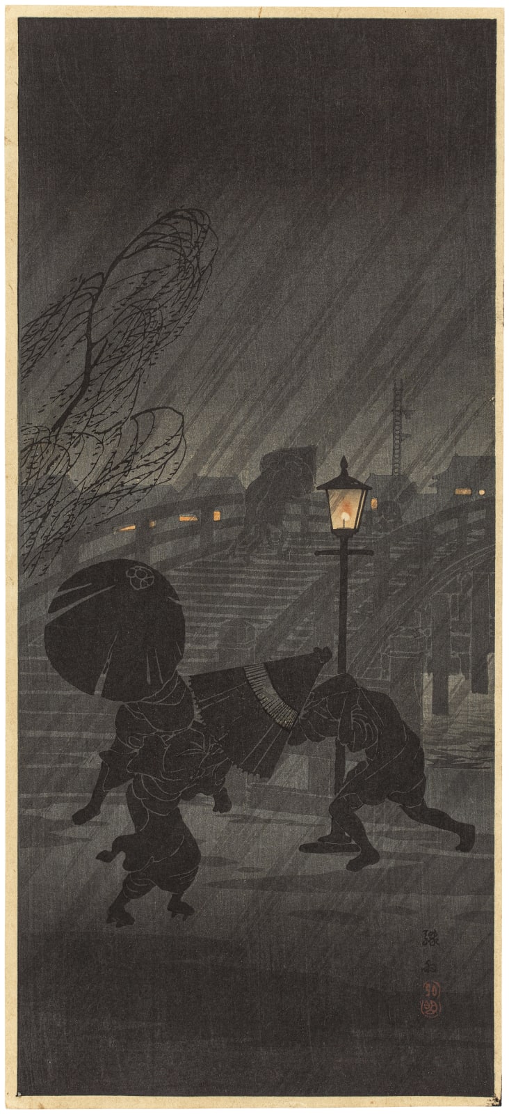 Takahashi Shotei (Hiroaki) (1871-1945), Sudden Rain (Shuu) [Near a Bridge], circa 1936