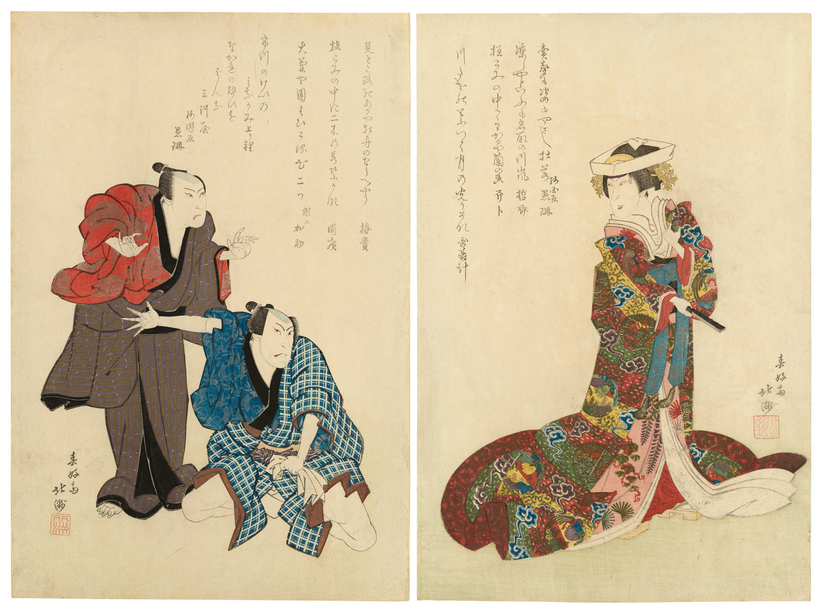 Shunkosai Hokushu (active circa 1810-32), The actors Nakamura Matsue III in the role of Otaka, Ichikawa Ebijuro I as Mokuemon, and Ichikawa Danzo V as Yashichi, 1824, 3rd month